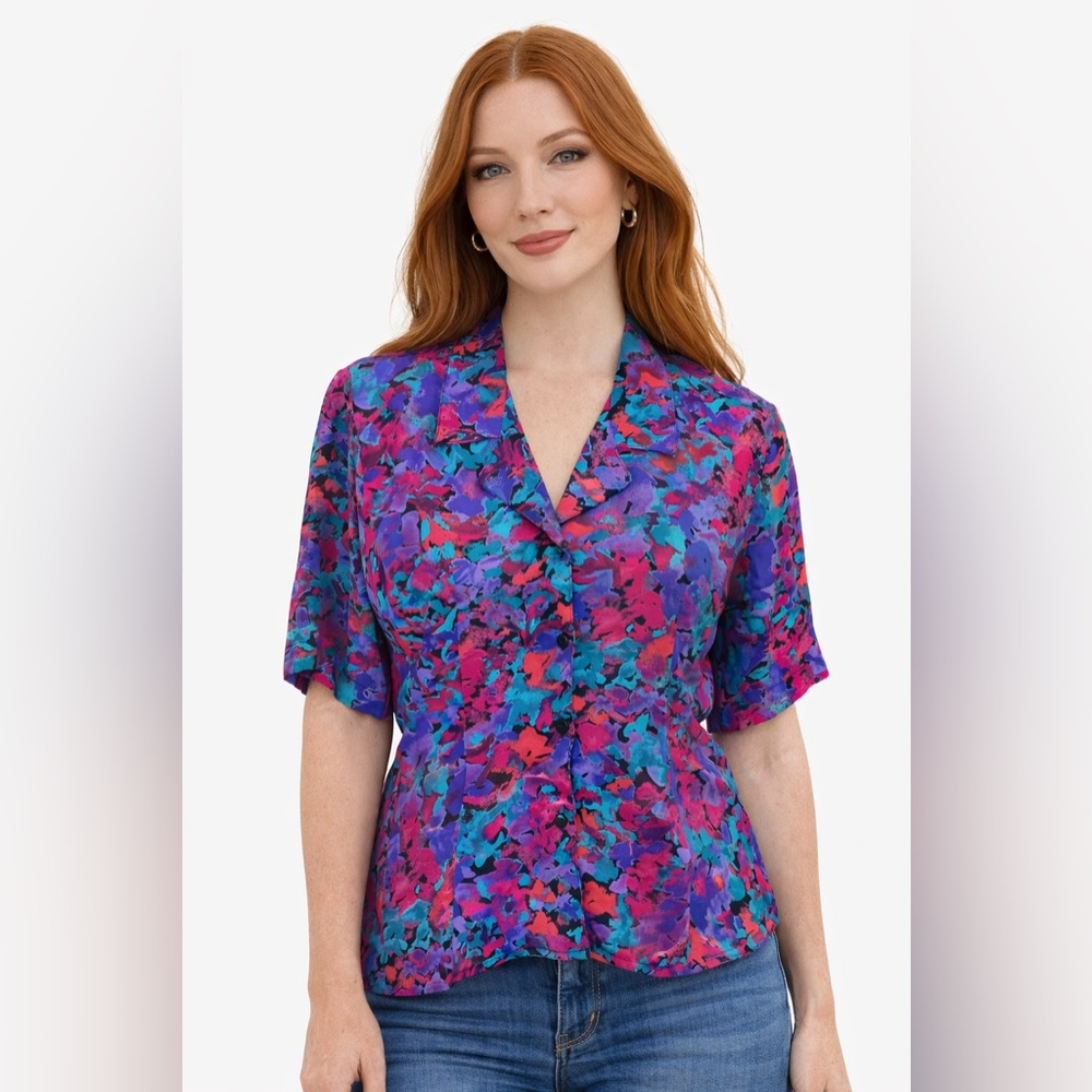Vintage 80s 90s Notations Floral Blouse Colorful Retro Button Up Top